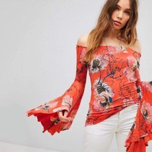 Free People Birds of Paradise Floral Off-Shoulder Flare Sleeve Top Small NWT